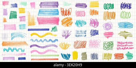 Vector hand painted pencil and crayon scribbles, colorful brush strokes and marks for collages and backgrounds Stock Vector