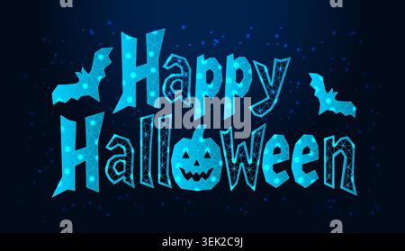 Low poly wireframe happy halloween text with pumpkin and bats on dark blue background. Stock Vector