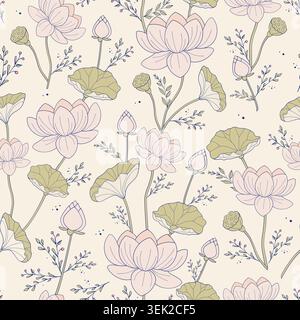 Elegant lotus floral seamless pattern with blooming water lily flowers in soft pastel colors, vector background design for fabric textile. Stock Vector