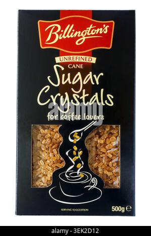 Box of Billington's unrefined cane Sugar Crystals for coffee lovers isolated on white background Stock Photo