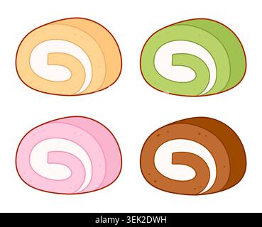 Japanese cake roll dessert cartoon set. Vanilla, matcha, strawberry and chocolate Swiss roll. Simple drawing, vector clip art illustration. Stock Vector