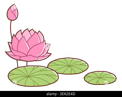 Hand drawn waterlily lotus plant illustration. Flower and bud with leaves. Vector waterlily drawing. Bottom corner decoration. Stock Vector