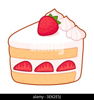 Japanese strawberry shortcake piece illustration. Sponge cake with whipped cream and strawberries. Cartoon vector clip art. Stock Vector