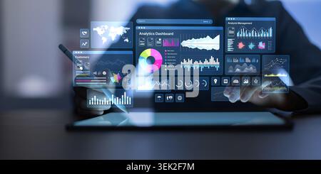 An analytics dashboard displaying data visualization charts and graphs on a digital interface with interactive elements Stock Photo