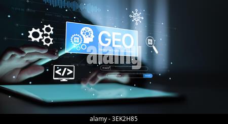 GEO Generative Optimization Interface with AI Search Prompt Automation Analytics and Interactive Tablet Stylus Digital Platform System Technology. Stock Photo