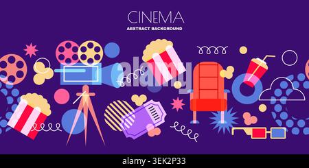 Cinema banner poster design. Seamless horizontal background with movie elements and abstract geometric shapes. Vector trendy colorful concept for film Stock Vector