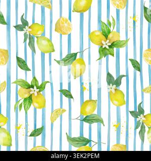 Watercolor Lemon Fruit Seamless Pattern, Amalfi Mediterranean Blue Striped Background with Yellow Lemons, Green Leaves for Fabric, Wallpaper.Vector. Stock Vector