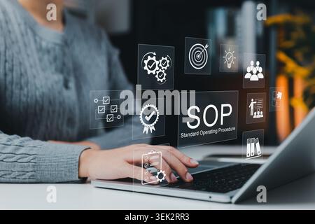 SOP standard operating procedure workflow and quality control concept. checklist, approval badge, gears, target, training guide, team, and document Stock Photo