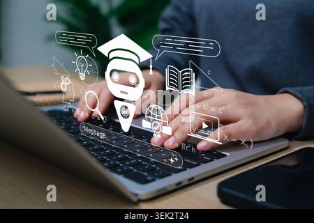 AI education chatbot and online learning assistant concept. student using laptop with tutor bot, graduation cap, message box, book, video lesson, Stock Photo