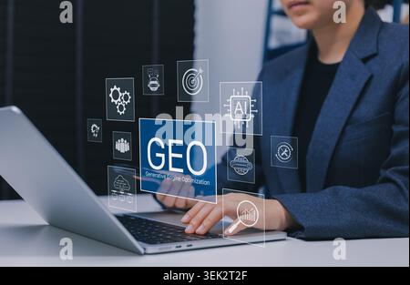 GEO generative engine optimization and AI search strategy concept. Person using laptop with GEO panel, AI chip, target, analytics, chatbot, cloud data Stock Photo