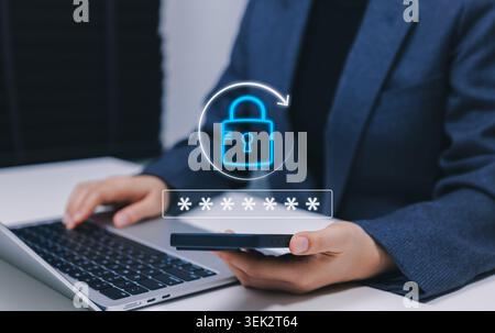 Password reset security and forgotten password recovery concept. Person using smartphone and laptop, showing digital lock, secure login, account Stock Photo