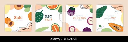 Fruit sale banner set. Colorful tropical square template, discount and sale, modern retail promotion for seasonal offers and marketing. Fresh summer food. Vector cartoon flat isolated illustration Stock Vector