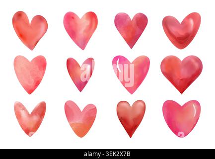 Watercolour hearts. Watercolor love pink card for valentine day, pink hand drawn cute doodle for invitations and branding. Greeting shape romantic holiday elements. Vector isolated illustration set Stock Vector