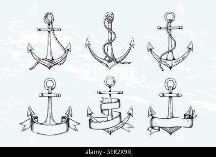 Anchor sketch style. Vintage ship tattoo, hand drawn ink sailor art or nautical sea lines with ropes. Empty banner on ribbon for text. Sea cruise, sailing in harbor. Vector isolated monochrome icons Stock Vector