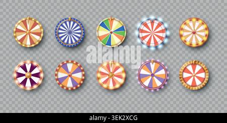 Roulette wheel. Casino game spin, 3d lucky prize win or luck lottery object with arrow. Bet jackpot money item for gambling. Fortune roulette spinner elements. Vector design isolated objects set Stock Vector