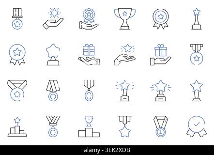Award and Achievement Line Icons Set Trophy, Medal, Badge, Reward, Winner, Recognition, Prize Editable Stroke Vector Illustration Stock Vector