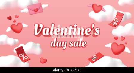 3d love banner. Valentine day balloons, happy sale with heart and gift, cute pink ads, render element. Romantic flyer with clouds. Frame for advertising, seasonal promotion background. Vector template Stock Vector