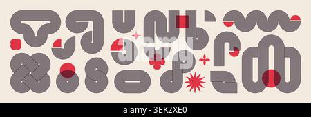 Boho art elements. Abstract design, modern line interior graphic or minimal geometric shapes. Minimalist cards. Typographic composition with striped shapes, decorative objects. Vector isolated set Stock Vector