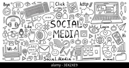 Social media icons. Hand drawn internet technology art, web phone design element or online sketchy laptop. Services marketing digital communication, website comment in chat. Vector isolated line set Stock Vector