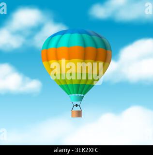 Colorful hot air balloon. Minimal travel and adventure concept, striped balloon flying in blue sky with clouds, tourism journey symbol, outdoor transportation, vector realistic style illustration Stock Vector