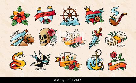 Old school tattoo. Traditional sailor heart, retro rose or nautical american compass. Western, sea love card. Colorful skull with flower, snake and anchor, vector design cartoon isolated illustrations Stock Vector