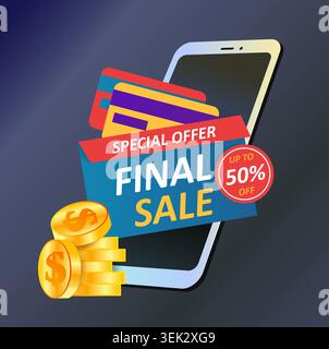 Cash back label. Final sale. Smartphone promo graphic. Mobile shopping with discount badge, payment cards and money coins, retail marketing layout for ecommerce offer. Vector isolated illustration Stock Vector