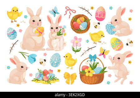 Easter elements set. Cute bunny rabbit, baby animal chick with flower or carrot, happy spring bird, festive seasonal decorative eggs. Floral art card. Vector cartoon flat style isolated illustration Stock Vector