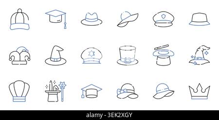 Hat and Headwear Line Icons Set Graduation Cap, Baseball Cap, Fedora, Wizard Hat, Police Hat, Crown Editable Stroke Vector Illustration Stock Vector
