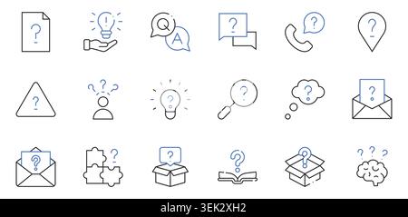 Question and FAQ Flat Line Icons Set Help, Answer, Inquiry, Support, Search, Problem Solving Editable Stroke Vector Illustration Stock Vector