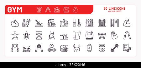 Gym icon set. Sport fit equipment, muscle workout with weight, water bottle for barbell health. Bodybuilding training outline wellness activities, healthy lifestyle symbols. Vector line illustration Stock Vector