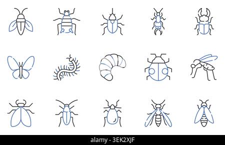Insects Flat Line Icons Set Bee, Butterfly, Beetle, Ladybug, Firefly, Mosquito, Fly, Centipede and Bug Editable Stroke Vector Illustration Stock Vector