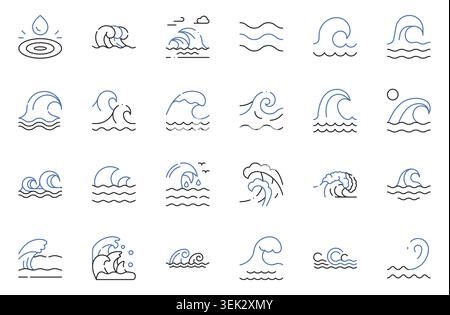 Ocean Waves Flat Line Icons Set Sea Wave, Water Ripple, Surf, Tide, Ocean Current, Splash Editable Stroke Vector Illustration Stock Vector