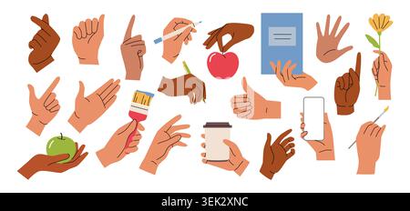 Doodle hands. Finger point, hold or pinch gesture as cartoon doodle sign. Retro different flat expression symbol, touch and ok, hold phone. Vector graphic pictogram isolated communication elements Stock Vector