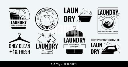 Laundry icons. Vintage logotype design. Black silhouette wash basket, clean room detergent sign. Textile cleaning and ironing, bubble and soap machine service. Badges and emblems. Vector logo set Stock Vector