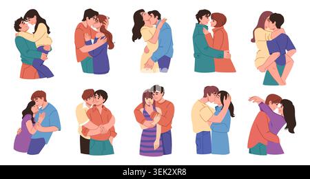 Love hugs. Lover kiss, woman and man relationship, romantic sweetheart boyfriend. Happy diverse different adult people partners in different poses. Vector cartoon flat style isolated illustration set Stock Vector