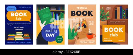 Book poster. Library fair, festival flyer with stack or sale club. Shop fest advertising, literary market, university bookshop. Stack in shelf. Vertical banner design. Vector cartoon education concept Stock Vector