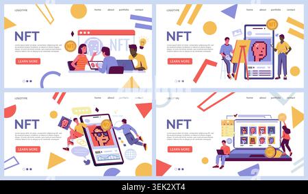 NFT landing page screens. Modern web banners design, digital creation, trading and portfolio display with interface elements for crypto marketplace website, vector cartoon flat isolated illustration Stock Vector