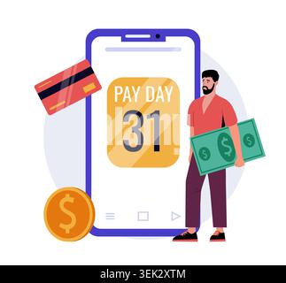 Payday calendar on smartphone. Finance concept, salary payment date with card and cash, digital pay, budgeting and personal money wallet management. Vector cartoon flat style isolated illustration Stock Vector