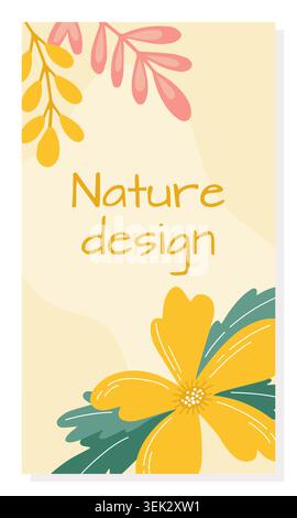 Spring flowers. Floral nature poster. Minimal botanical poster with leaves, flower and copy space for text, soft pastel, abstract minimal background. Vector cartoon flat style isolated illustration Stock Vector