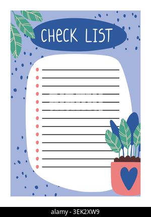Cute planner list. Checklist template poster. Minimal line note page with decorative leaves and plant, organizer planning, tasks, goals and routines. Minimal background. Vector isolated illustration Stock Vector