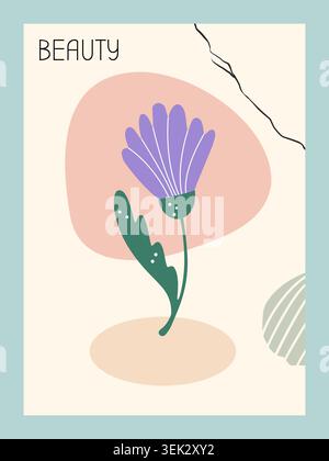 Minimal flower poster. Abstract botanical print, geometric shapes on background, modern beauty. Decorative vertical banner or flyer elegance design. Pastel colors plants. Vector botanical illustration Stock Vector