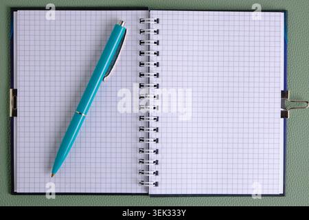 Blue pen lies diagonally on left page an open squared spiral notebook on green leather Stock Photo