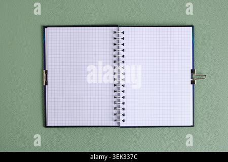 Open blank spiral notebook with squared pages lies flat on green textured leather background Stock Photo