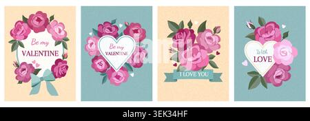 Valentine day card set. Gift, love flyer or modern birthday pattern, pink paper poster. Art print banner, romantic holiday stationery design. Decorative rose bouquets. Vector cartoon illustration Stock Vector