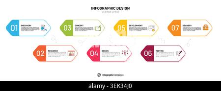 Infograph charts. Graphic flow elements, process timeline diagram or circle info icons. Business production time line. Research testing development. Presentation marketing scheme. Vector template Stock Vector