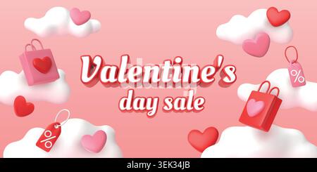 3d valentine day banner. Pink gift love balloons, cute festive sale ads or happy offer poster. Red promotion brochure. Seasonal retail promotion, commercial advertising template. Vector illustration Stock Vector