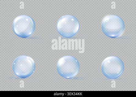 Purple bubble. Glass ball sphere, 3d crystal bead or circle serum, gel light with shadow. Magic collagen decoration, airy liquid foam soft elements. Vector isolated realistic transparent objects set Stock Vector