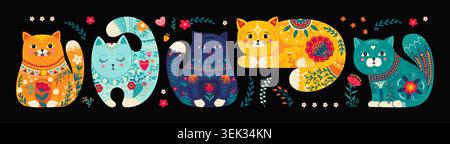 Floral cat. Birthday animal card, cute spring pattern for modern art wall with bloom leaves nature ornament adorable pet colorful decoration. Vector cartoon flat style isolated botanical illustration Stock Vector
