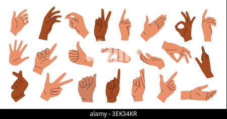 Hand gestures. Creative finger icon in different positions, doodle connection graphic card or cartoon pinch, point. Arm waving, OK and thumbs up signs. Vector flat style isolated illustration set Stock Vector
