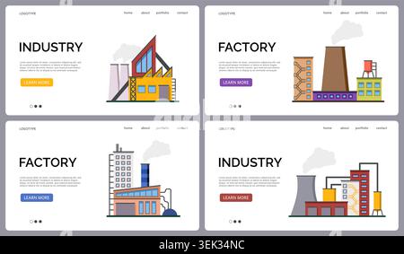 Industrial website landing screen. Factory industry power. Web page template, manufacturing and production presentation design. Construction technology. Vector cartoon flat style isolated illustration Stock Vector